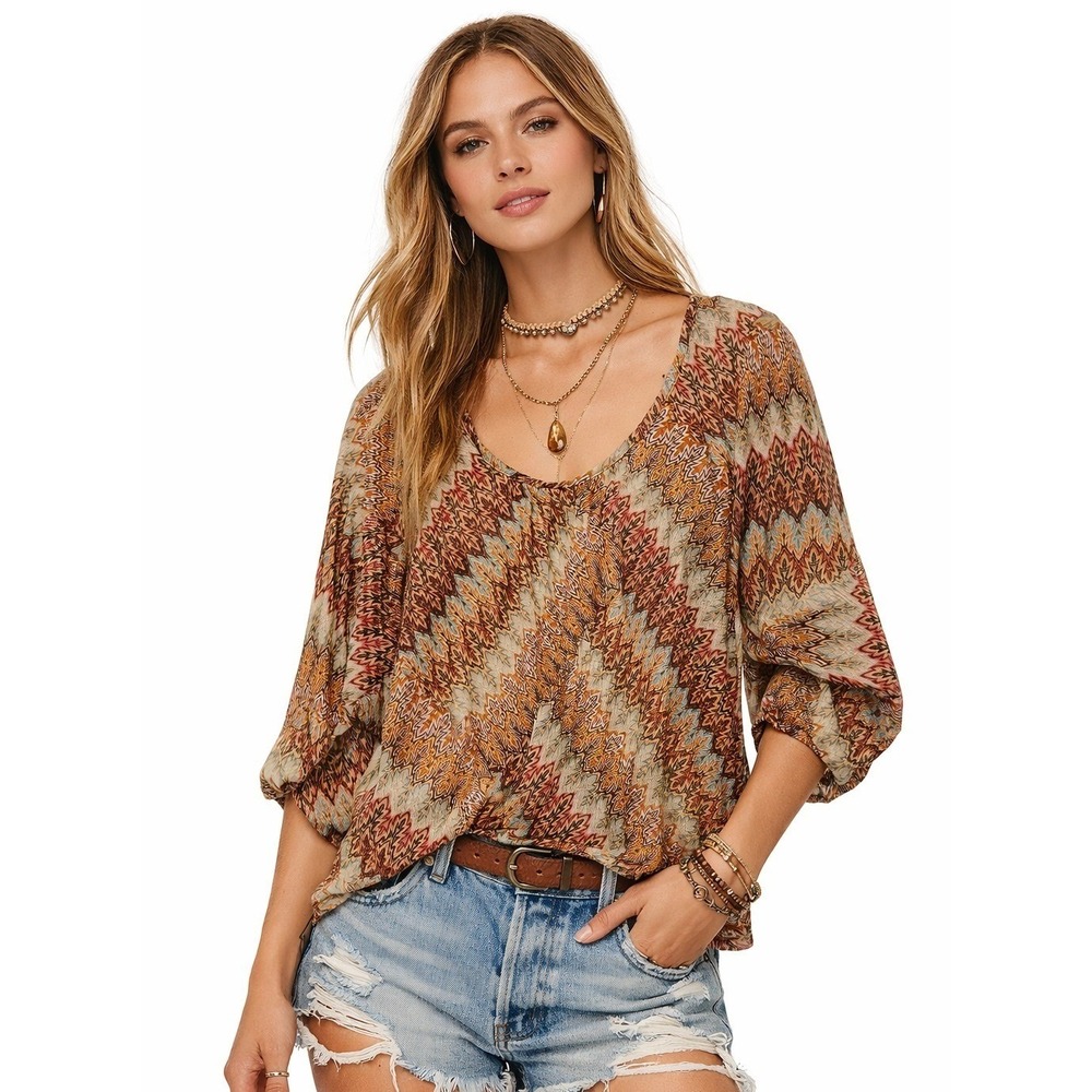 American‎ Rag Womens Santa Rosa Chevron Blouse Tan Combo 3/4 Sleeve Medium NWT